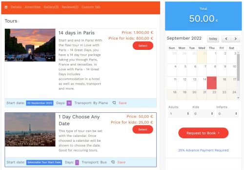 TOURS BOOKING CALENDAR